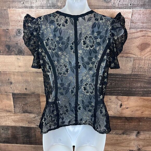 Charlotte Russe Lace Top Sheer Black Mesh Gold Thread Puff Sleeves Medium - Picture 11 of 15